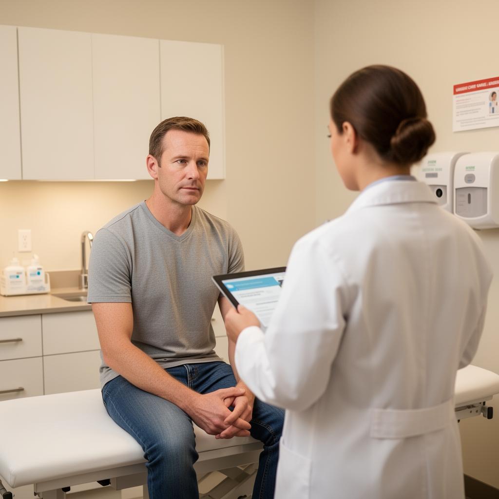 Doctor consulting with an adult male patient in an exam room
