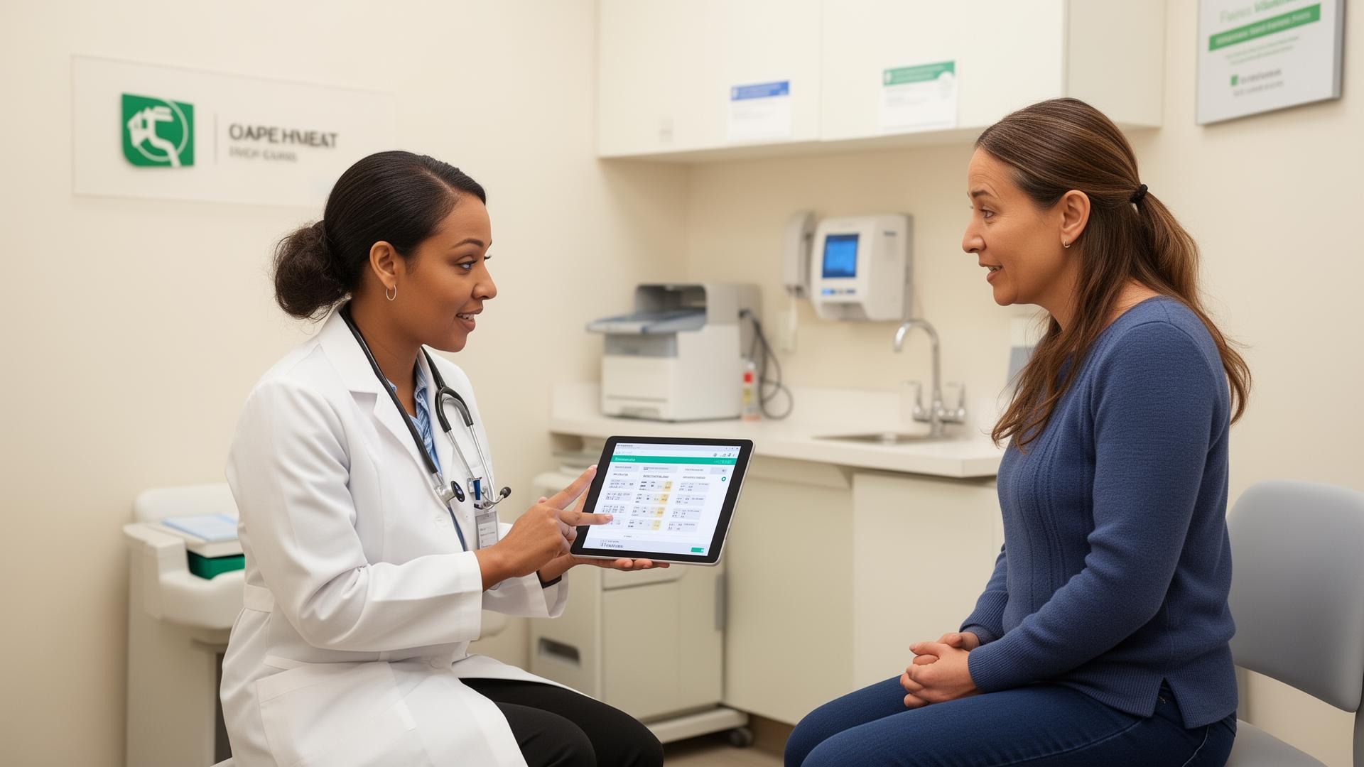 Healthcare provider reviewing test results with a patient in a clean urgent care clinic