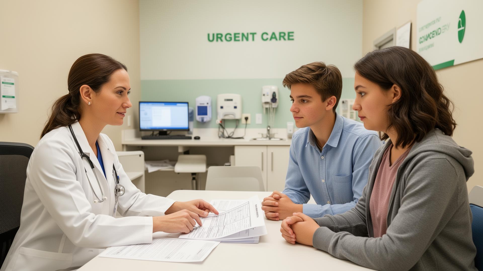 Healthcare provider reviewing a physical exam form with a patient and parent in a clean urgent care clinic
