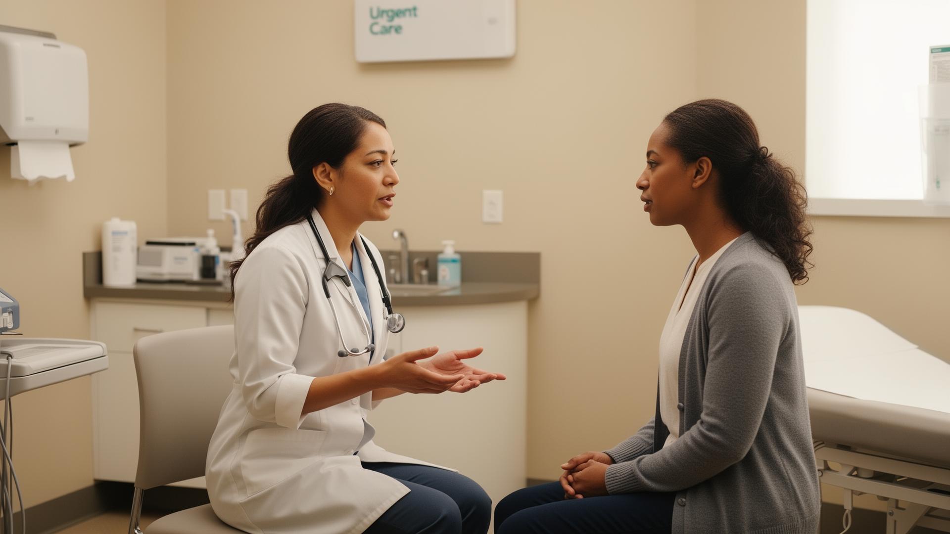 Healthcare provider speaking privately with an adult female patient in a clean urgent care clinic